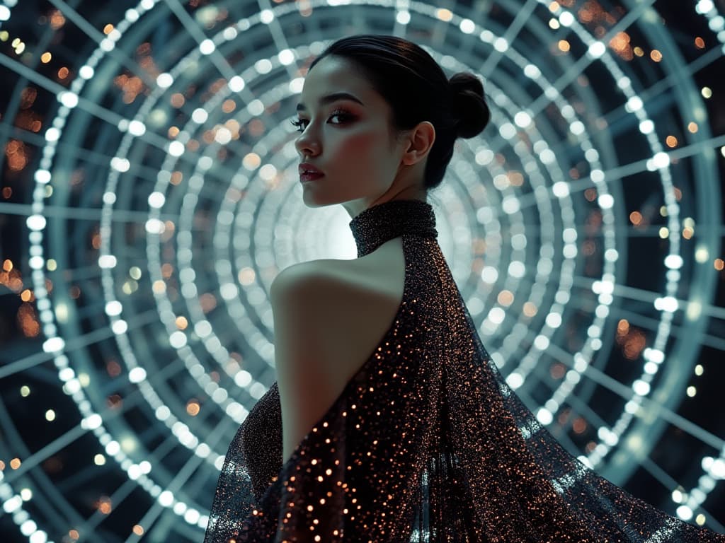 High-fashion photography meets quantum mechanics, model wearing a dress made of probability waves and quantum entanglement, shot in an infinity mirror room, magazine editorial style